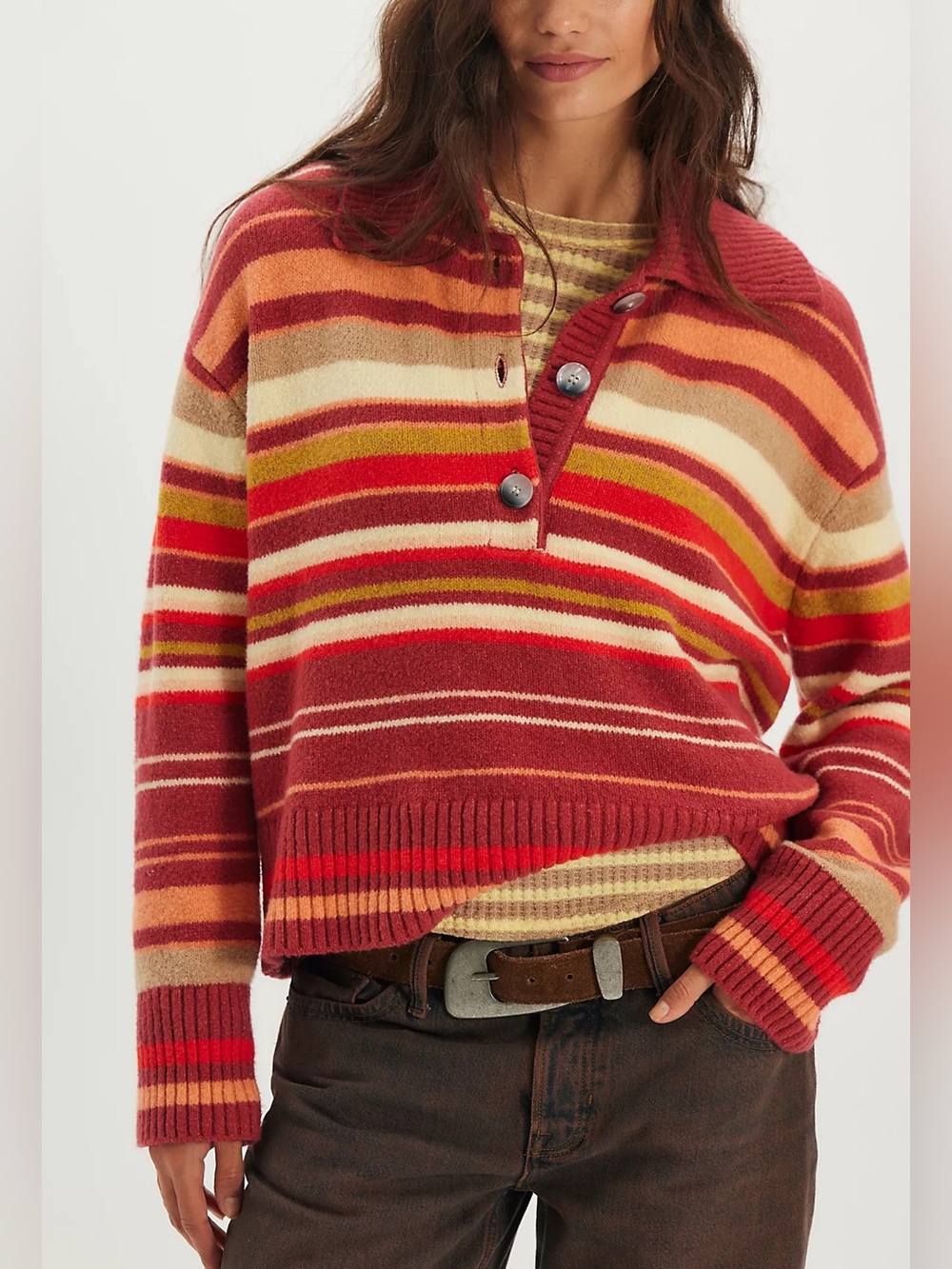 Free People Trading Up Red Striped Polo Sweater Long Sleeve Top